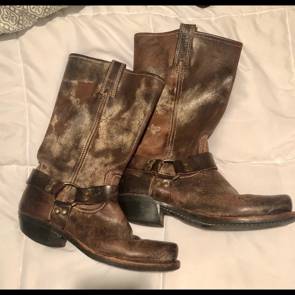 distressed Frye harness leather boot